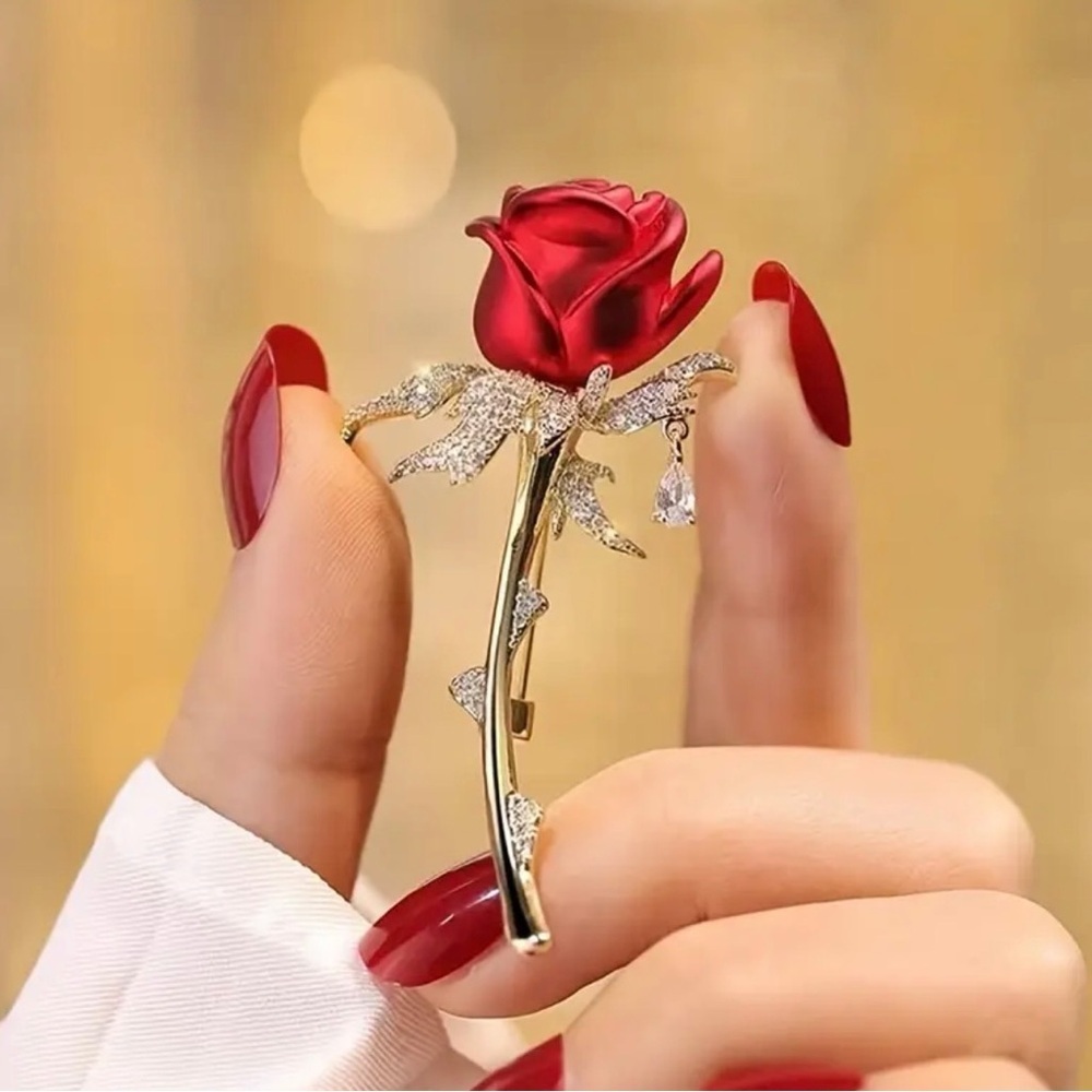 Elegant Red Rose Brooch with Gold Stem. - Picture 3 of 6